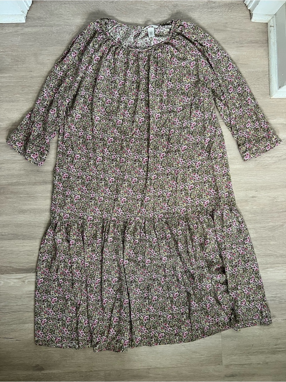 Floral Tiered Boho Dress in Cream with Olive Yellow Pink Flowers Bell Sleeve XL